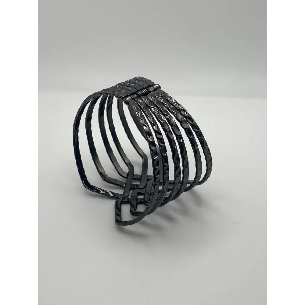 Gun Metal Gray Hammered Open Weave Wide Clamper Cuff Statement Bold Bracelet - Picture 7 of 9
